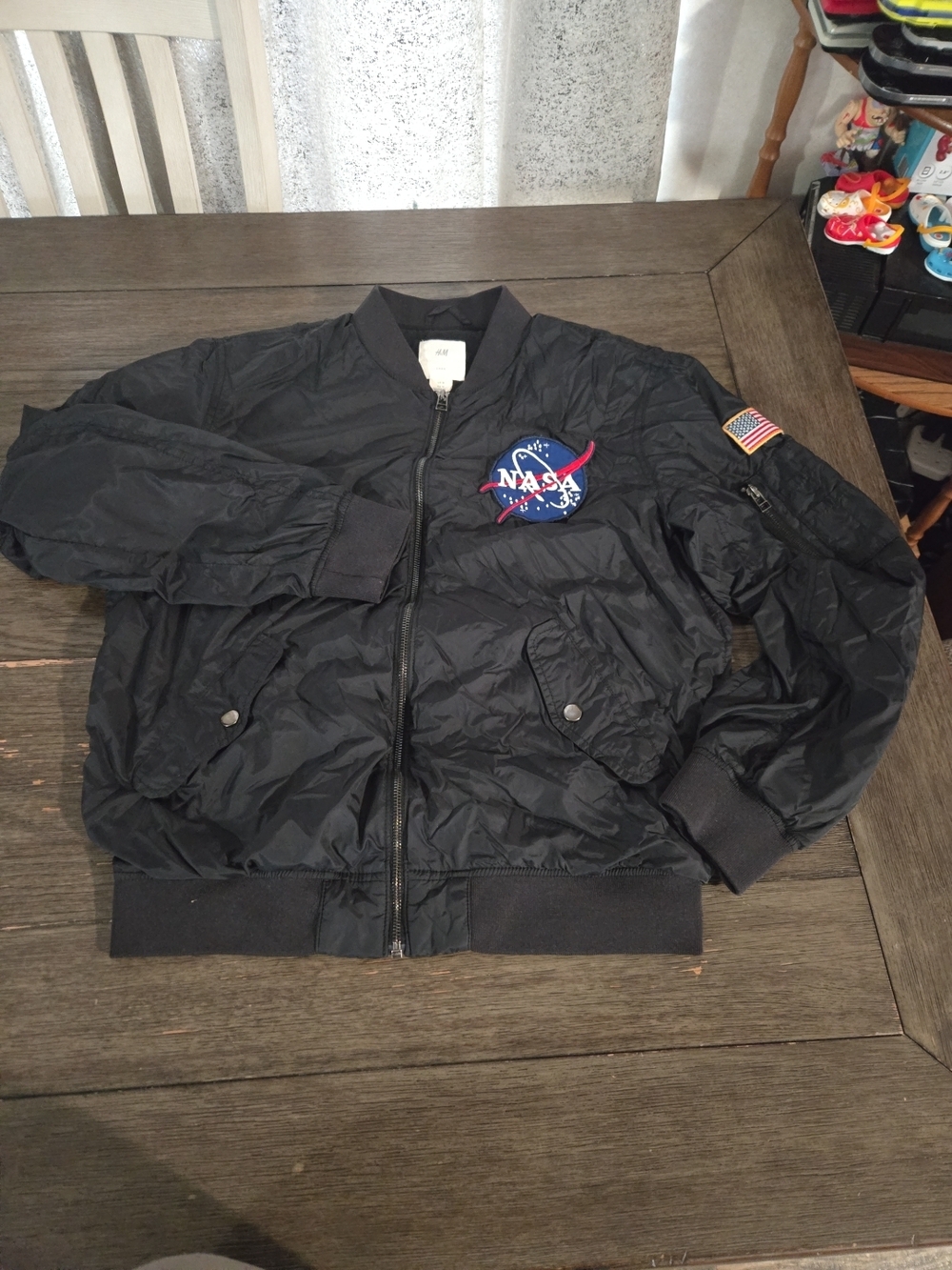 H&M NASA MA-1 Bomber Jacket Black Nylon Flight Coat with Patches Men's Size M